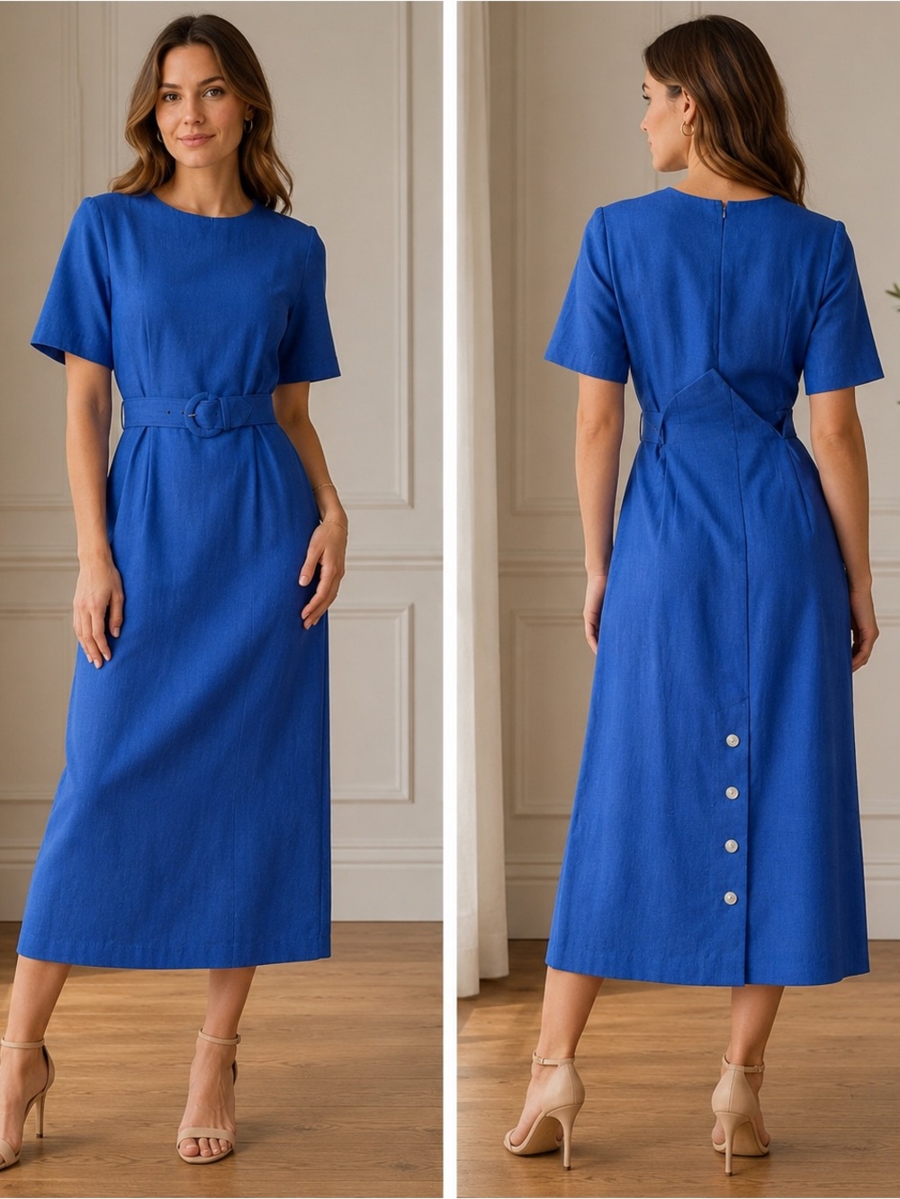 Talbots Cobalt Blue Short-Sleeve Belted Midi Dress-8- New old stock-vintage- MCM